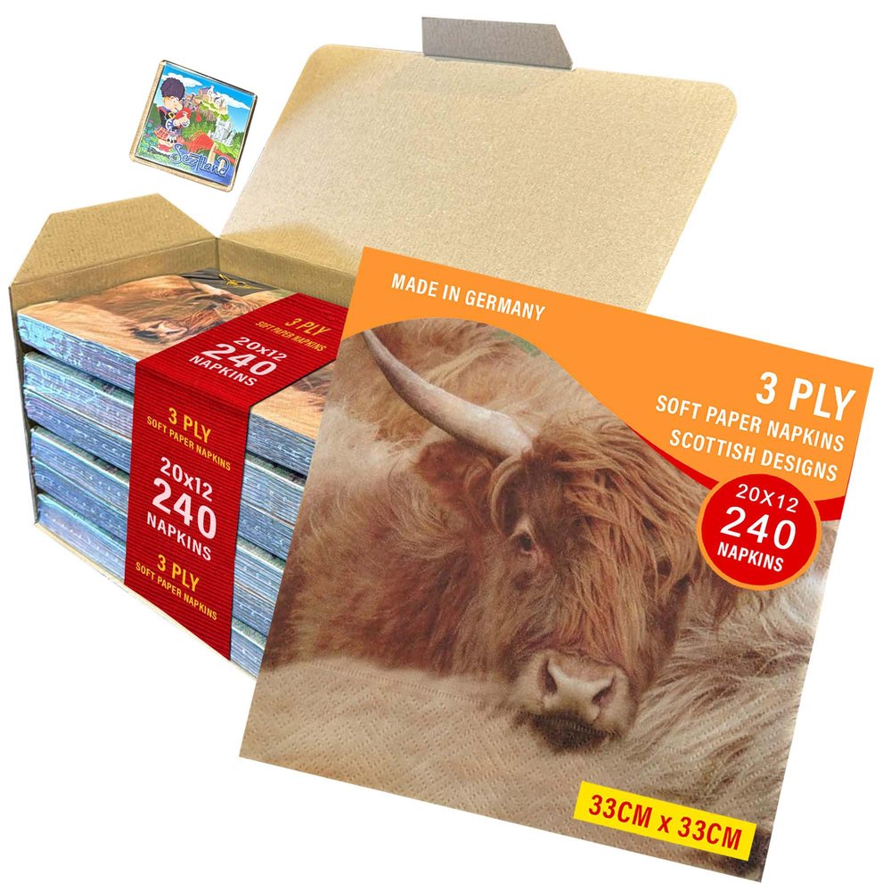 3ply Paper Soft Napkins Pack of 240 Nos - 33x33cm - Highland Cow Tartan - Scottish Design Napkins - Christmas, Dinner, Party, Party Night, Burns Supper,Scottish Wedding, Catering