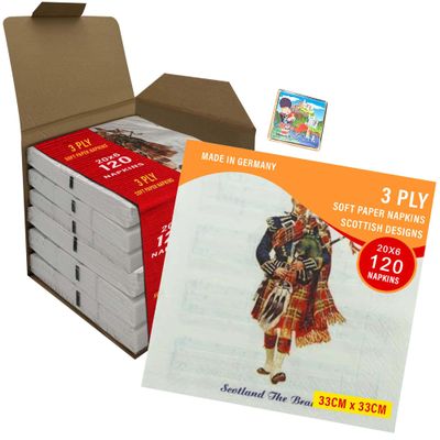 3ply Paper Soft Napkins - Large Pack of 120 Napkins - 33x33cm - Musical Piper Tartan - Scottish Design - Christmas, Dinner, Party, Party Night, Burns Supper,Scottish Wedding, Catering