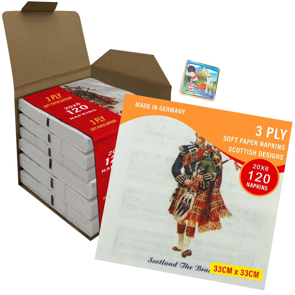 3ply Paper Soft Napkins - Large Pack of 120 Napkins - 33x33cm - Musical Piper Tartan - Scottish Design - Christmas, Dinner, Party, Party Night, Burns Supper,Scottish Wedding, Catering