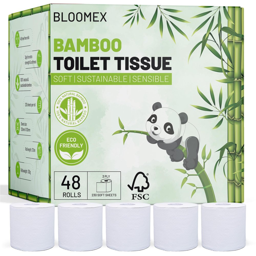 BLOOMEX Bamboo Toilet Rolls - 48 Rolls, Premium 3-Ply, 230 Large Sheets | Plastic Free Packaging, Sustainable Tissue Paper | Bleach Free White Toilet Tissue.