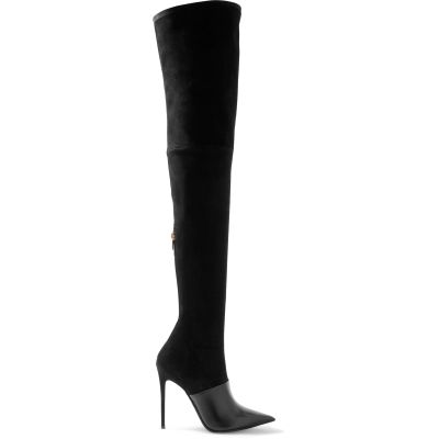WOkismD 12CM Women's Black Stretch Suede Thigh Boots Over The Knee Boots Large Size,Black,45