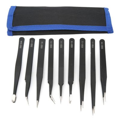 9PCS Accuracy Tweezer Set, Stainless Steel Anti Slip Pointed Curved Tips Tweezer Set, for Cell Phone Electronics Repair