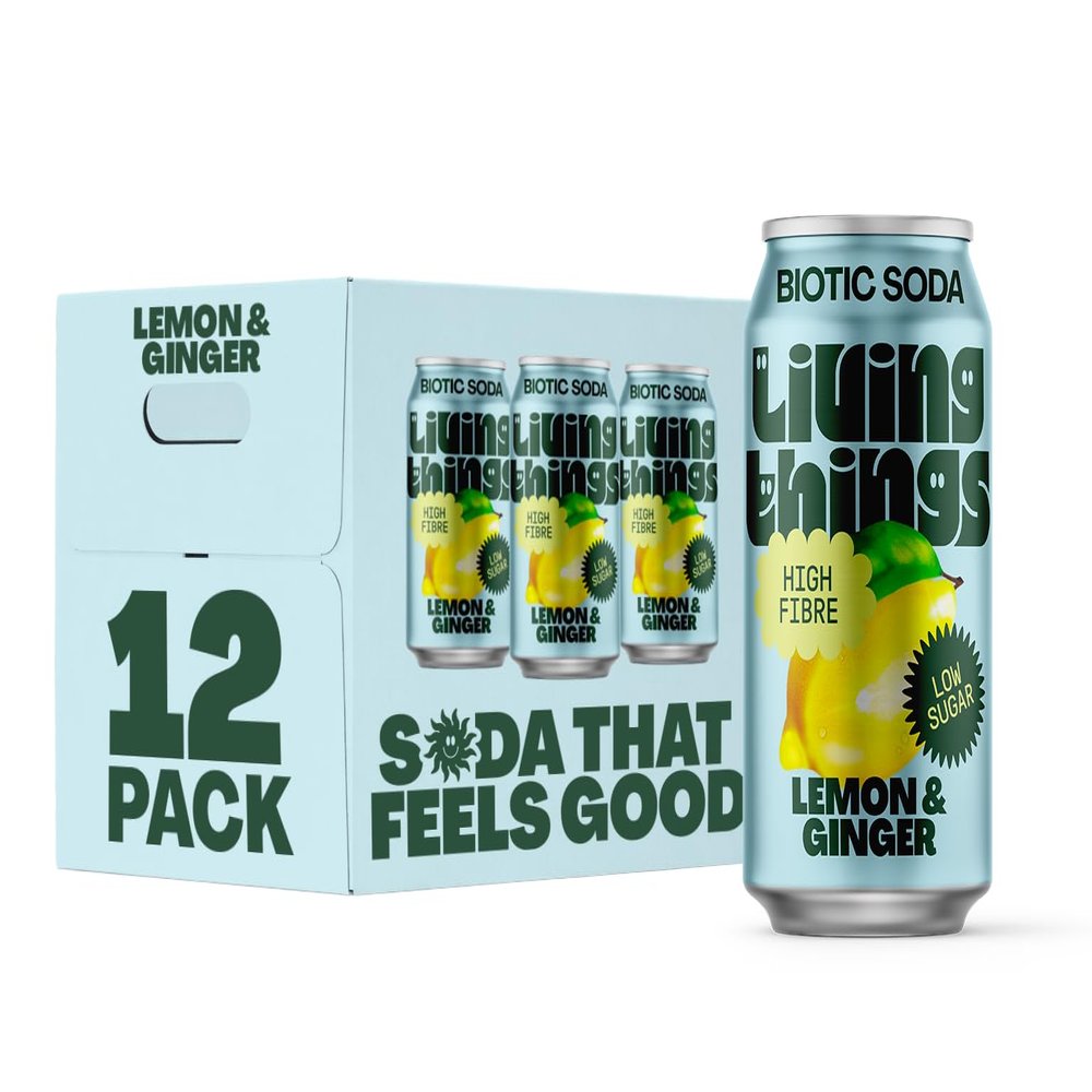 Living Things Prebiotic Soda - Gut Health & Low Calorie Drink - 12 x 330ml Cans - High in Fibre - Lemon & Ginger