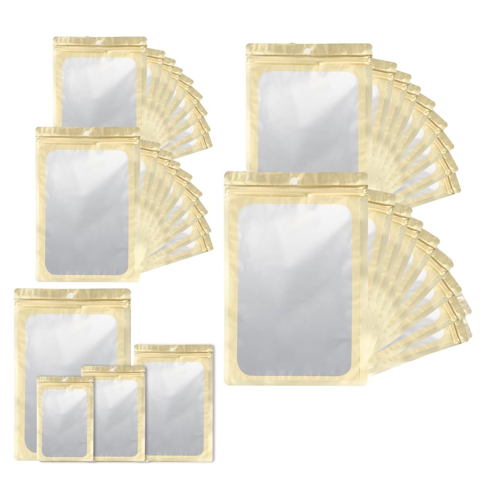 400 Pack 4 Size Bags with Clear Window,Scratch Resistant Hand Holographic Packaging Pouch,Resealable Bag for Small Bussiness Cookies Jewelry Candy Sample (Gold, 2.43.9,3x4.7,47,5.57.9 inch)