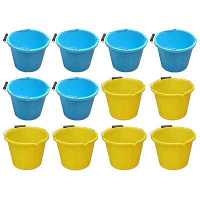 12 x Plastic Builders Bucket, 3 Gallon 14L Litre Water Mixing Storage Measuring Guide Construction Bucket Strong with Handle and Spout MADE IN UK Yellow, Sky Blue [6 Each]