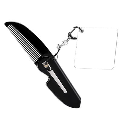 Angoily Portable Folding Comb for Men with Keychain Mirror Comfortable to Hold Black Acrylic Beard Comb for Travel and Trips