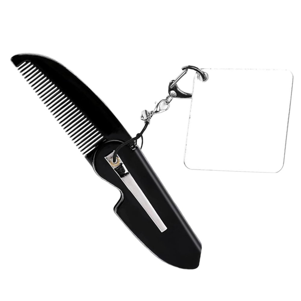 Angoily Portable Folding Comb for Men with Keychain Mirror Comfortable to Hold Black Acrylic Beard Comb for Travel and Trips