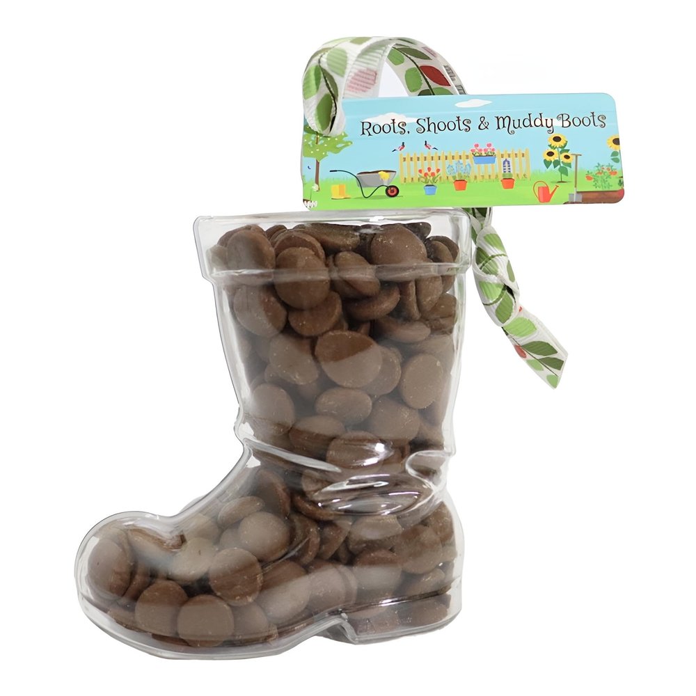 ButtonChocs Chocolate Welly Boot - Roots, Shoots & Muddy Boots. Belgian Milk Chocolate Welly. A Garden Lover Gift.