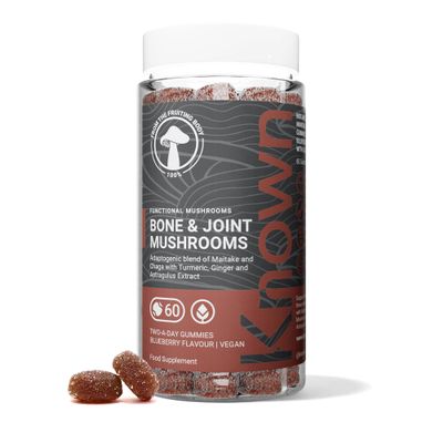 Known Tasty Bone & Joint Mushrooms Gummies - Maitake, Chaga, Vitamins D3, K2 & C - Natural Blueberry Flavour - 60 Vegan Gummies, 1 Month Supply
