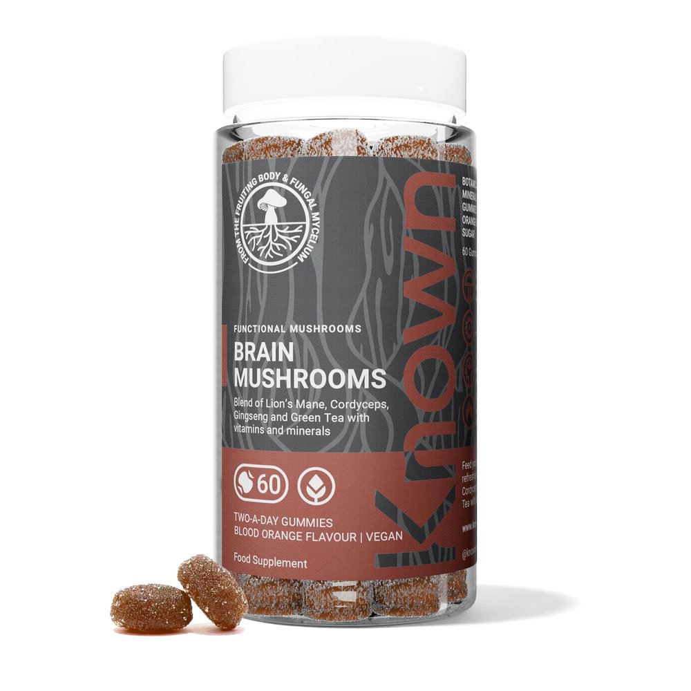Known Tasty Brain Mushrooms Gummies - Lion's Mane, Cordyceps, B Vitamins for Energy - Natural Orange Flavour - 60 Vegan Gummies, 1 Month Supply