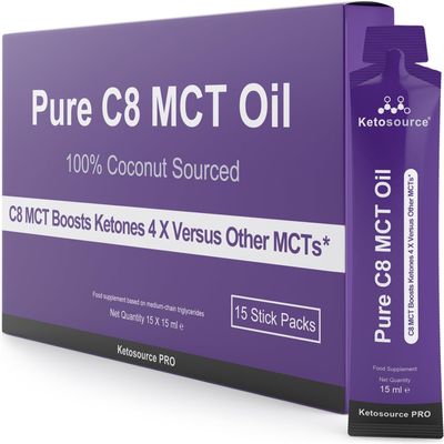 Pure C8 MCT Oil Sachets - Boosts Ketones 4X Versus Other MCTs - Highest 99%+ Purity - 100% Coconut Sourced - Lab Tested Purity - Box of 15 X 15 ml MCT Oil Travel Sachets - Ketosource