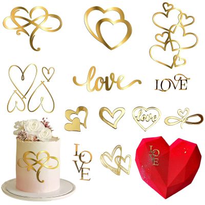 12 Pcs Acrylic Love Heart Cake Topper, Gold Heart Cake Toppers, Valentine's Day Cake Decoration, Wedding Cake Toppers, Anniversary Engagement Birthday Party Supplies