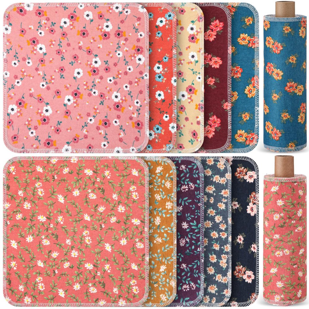Redbaker 50 Pcs Reusable Paper Towels Paperless Reusable Cotton Cloths Absorbent Washable Paper Towels with Roll Kitchen Dishcloth for Kitchen Paperless Dishcloths(Vintage)