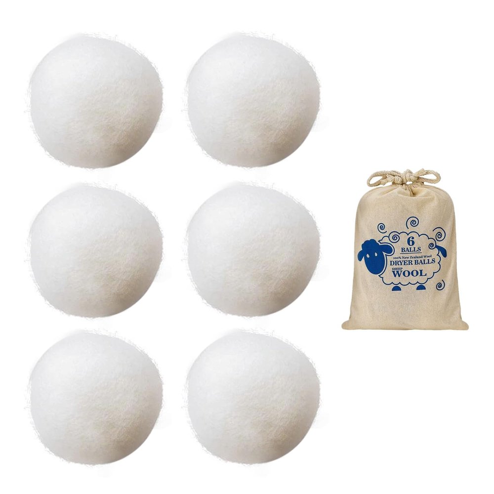 6 Pieces of Wool Dryer Balls, 1 Piece of Cotton Bag, Ecological Drying Balls, Sustainable Use Drying Balls, Felt Balls, Clothes are Fluffy and Soft, Suitable for Tumble Dryers (White)