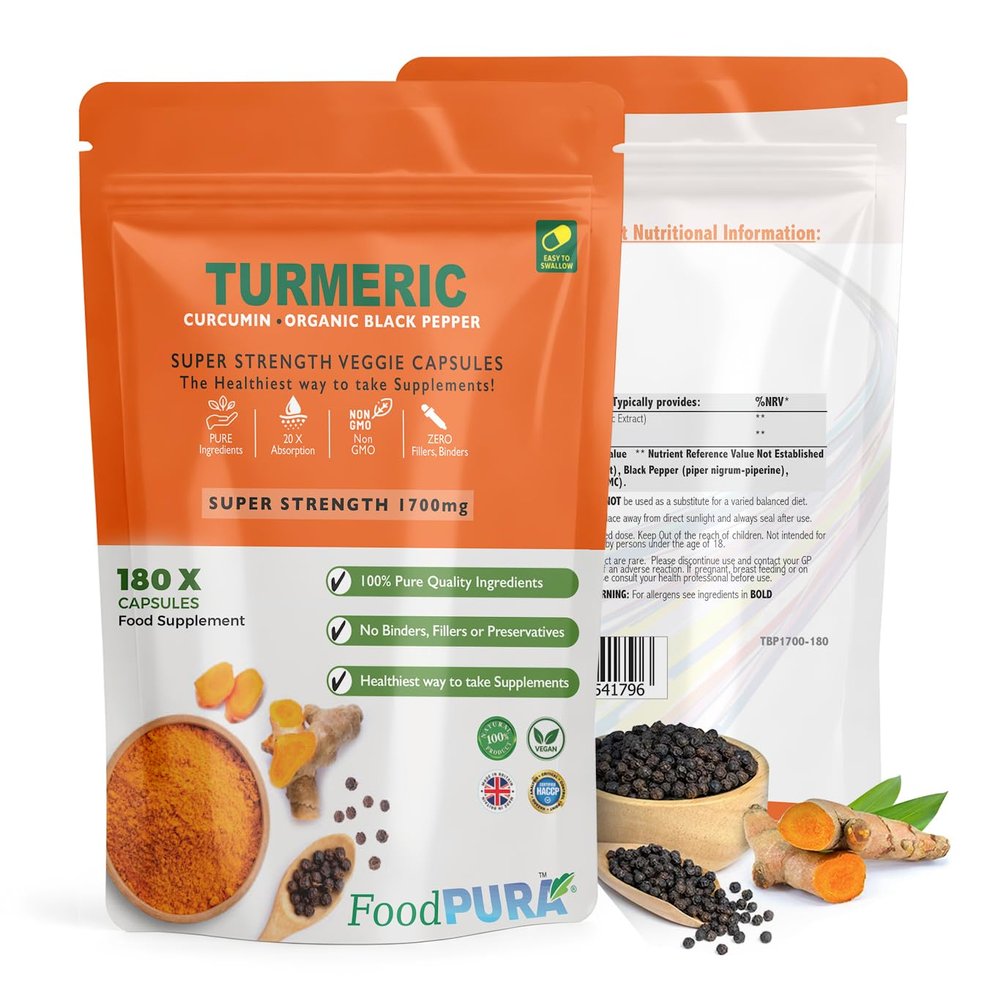 FoodPURA 180 x Turmeric with Black Pepper Capsules High Strength 1700mg HACCP Certified, Manufactured in The UK by FoodPURA 1 Pack of 180 Capsules