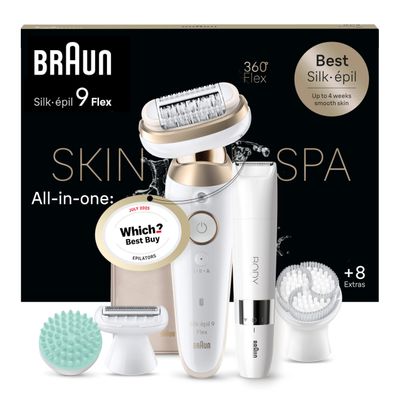 Braun Silk-pil 9 Flex SkinSpa, Epilator with 360 Flexible Head for Easy Hair Removal, Wet & Dry, Lasting Smooth Skin, All-in-One Kit, with Body Mini Shaver, SES9-481 3D, White/Gold