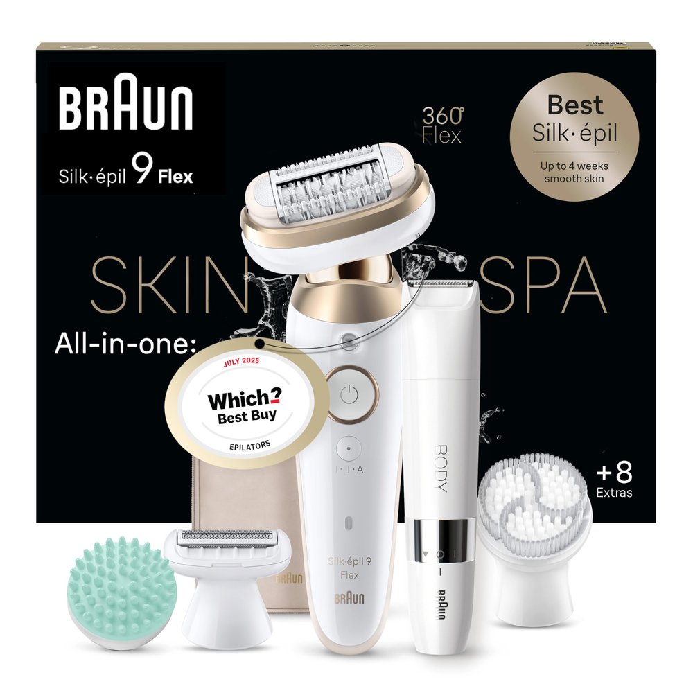 Braun Silk-pil 9 Flex SkinSpa, Epilator with 360 Flexible Head for Easy Hair Removal, Wet & Dry, Lasting Smooth Skin, All-in-One Kit, with Body Mini Shaver, SES9-481 3D, White/Gold