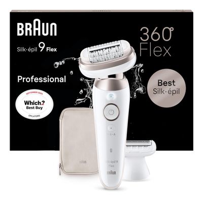Braun Silk-pil 9 Flex, Epilator with 360 degree Flexible Head for Easy Hair Removal, Wet & Dry, Lasting Smooth Skin, with Lady Shaver Head & Trimmer Comb, 9-030 3D, White/Rose Titan