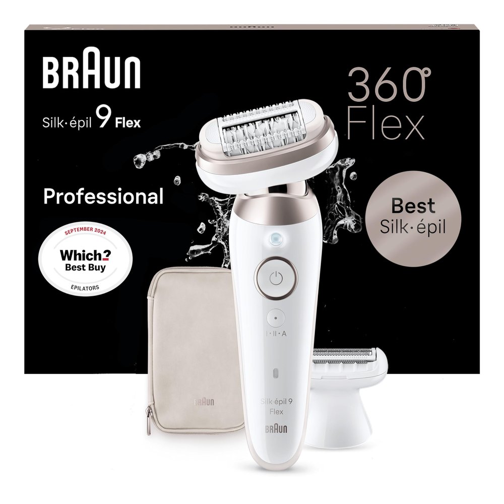 Braun Silk-pil 9 Flex, Epilator with 360 degree Flexible Head for Easy Hair Removal, Wet & Dry, Lasting Smooth Skin, with Lady Shaver Head & Trimmer Comb, 9-030 3D, White/Rose Titan