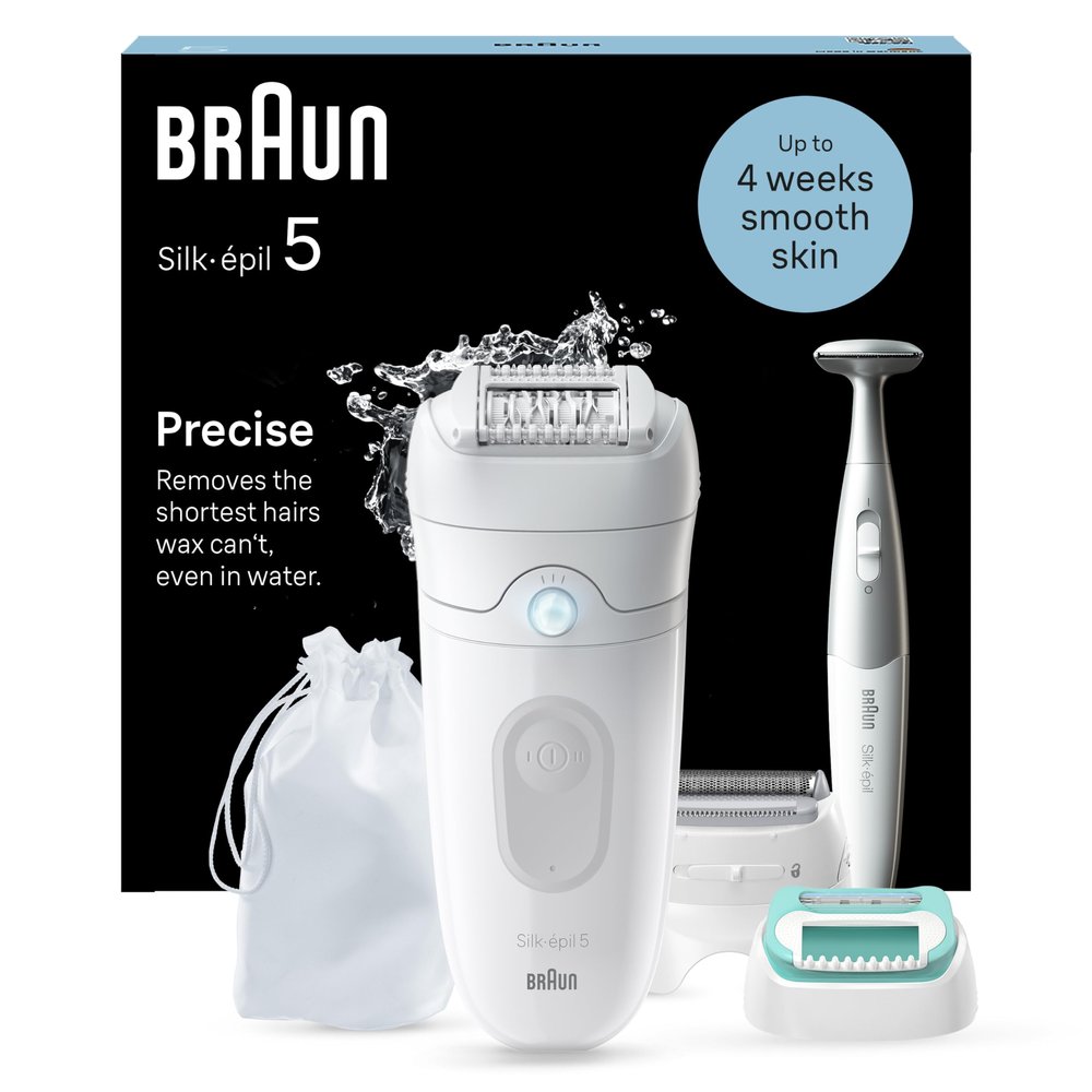 Braun Silk-pil 5, Epilator for Easy Hair Removal, Wet & Dry, Lasting Smooth Skin, with Lady Shaver, Trimmer Comb, Beginner Cap Heads & Bikini Trimmer, 5-251, White/Grey