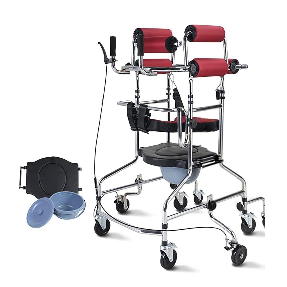 Folding Walker with 8 Wheels and Toilet with Lid, Lightweight Standing Mobility Aid Height Adjustable Rolling Walker for Elderly and Patient Recovery Training,Handbrake (Size : with Handbrake)
