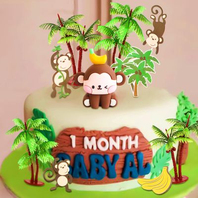 11 PCS Monkey Cake Decoration Monkey Cake Topper Monkey Birthday Deco Banana Cake Coconut Tree Cake Safari Cake Decorations