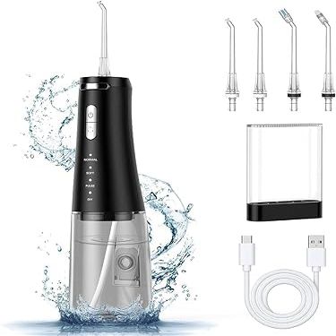 Aprafie Cordless Water Dental Flosser Teeth Cleaner, 300ML Portable and USB Rechargeable Dental Oral Irrigator, Power Dental Flossers with 4-Modes 4 Jet Tips, IPX7 Waterproof Irrigate for Oral Care