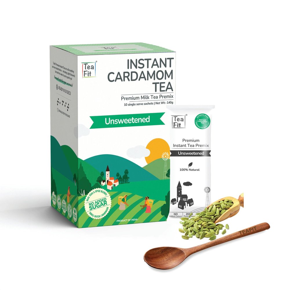 TeaFit Premium Zero Sugar Instant Cardamom Tea Pack of 50 Sachets (700gm) | Cardamom Tea Premix | No Sugar Milk Chai Mix | Ready to Drink | Instant Ilaichi Chai Powder