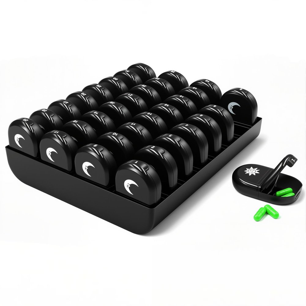 XL Monthly Pill Organizer 2 Times A Day, AM/PM One Month Pill Box 28 Day,Daily Pill Case Large 4 Week Big Compartments for Pills Vitamin Fish Oil Supplements (Black)