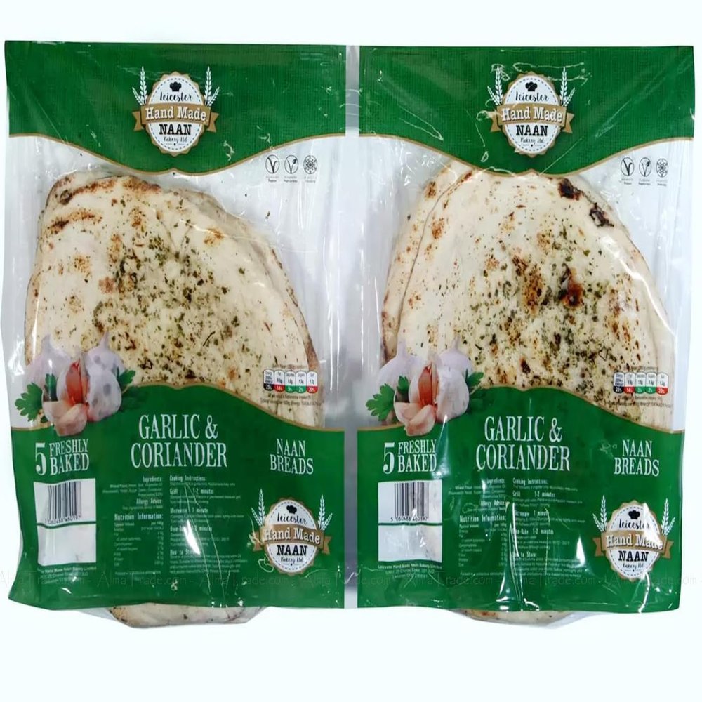 Leicester Handmade Garlic & Coriander Naans Bread Vegan Kosher Pack of 2 x 5 Pcs