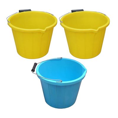 14L Litre 3 Gallon Bucket High Grade Plastic Builders Bucket with Metal Handle, Pouring Lip & Measuring Guide Multipurpose Storage Buckets Washing Buckets Made in UK (2 X Yellow + 1 X Sky Blue)