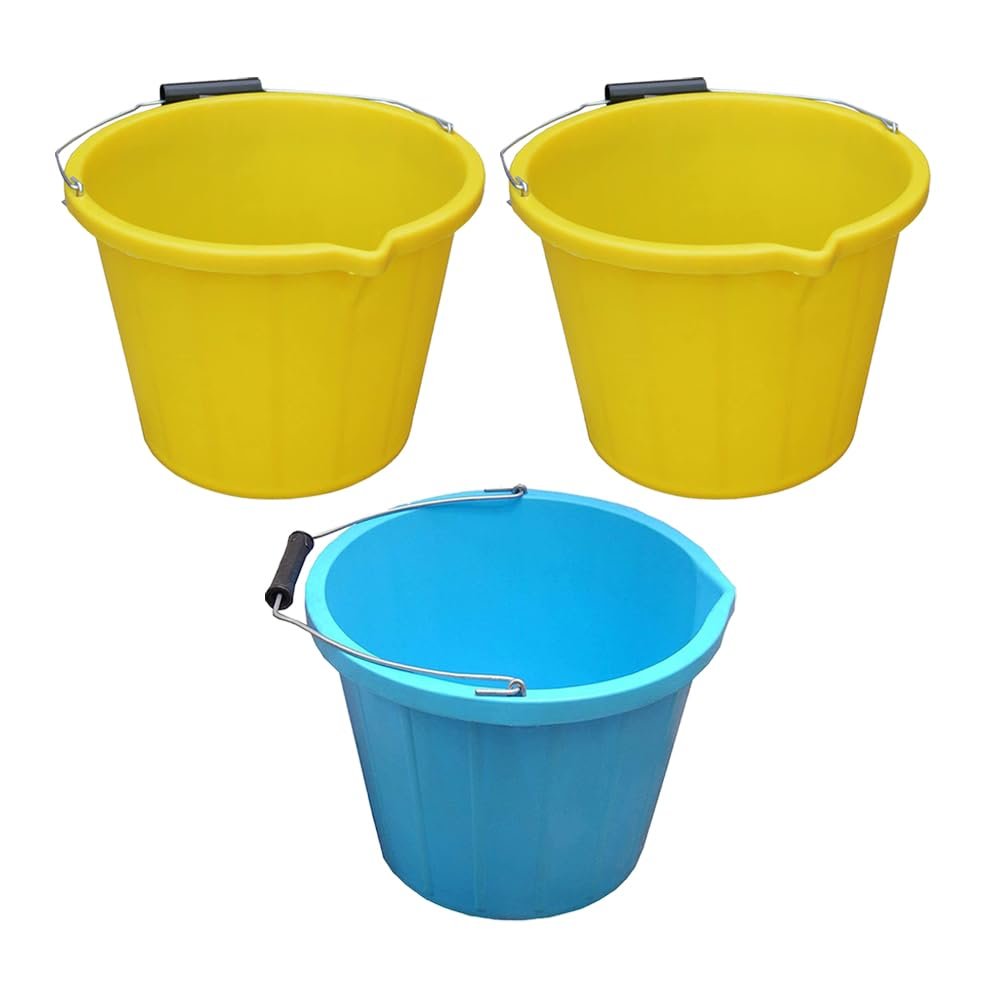 14L Litre 3 Gallon Bucket High Grade Plastic Builders Bucket with Metal Handle, Pouring Lip & Measuring Guide Multipurpose Storage Buckets Washing Buckets Made in UK (2 X Yellow + 1 X Sky Blue)