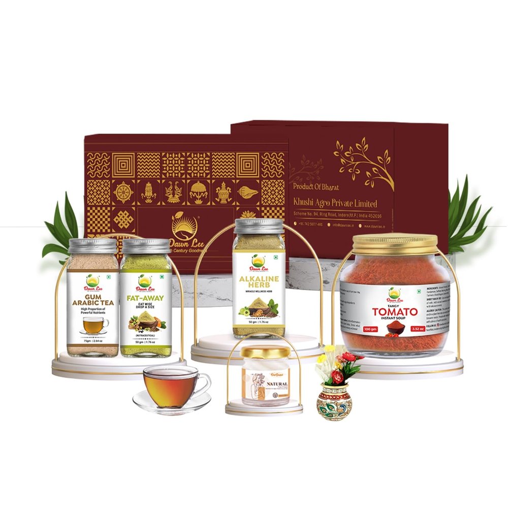Dawn Lee Christmas Gift Hampers Fat Away- Gum Arabic Tea- Alkaline Herbs- Tomato Soup Starch & Gluten Free- Natural Face Cream- Pack of 5 Products Natural Gifitng Offer Combo Gifts
