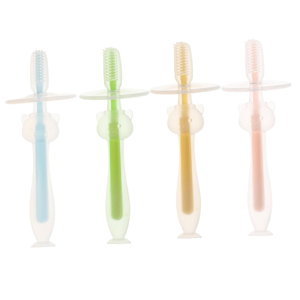 Housoutil 4pcs Silicone Baby Toothbrush Set with Suction Base, Soft Bristle Oral Cleaner for 12 Months up Toddlers, Multi-Color Infant Care Teeth Brush