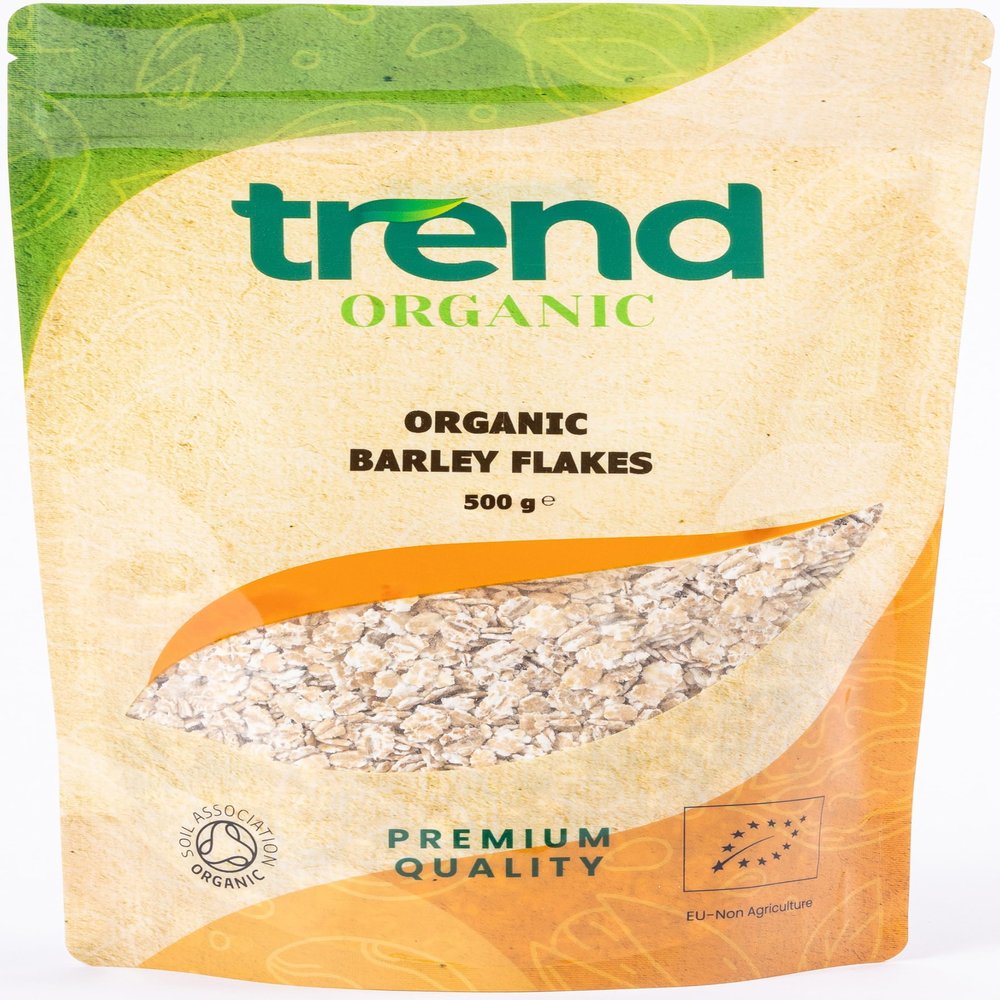 Trend Organic Barley Flakes, 500g-Nutrient-Rich Goodness, High in Protein & Fibre, and Essential Vitamins and Minerals, Certified Organic, Vegan, Non-GMO, No Additives No Preservatives, Raw