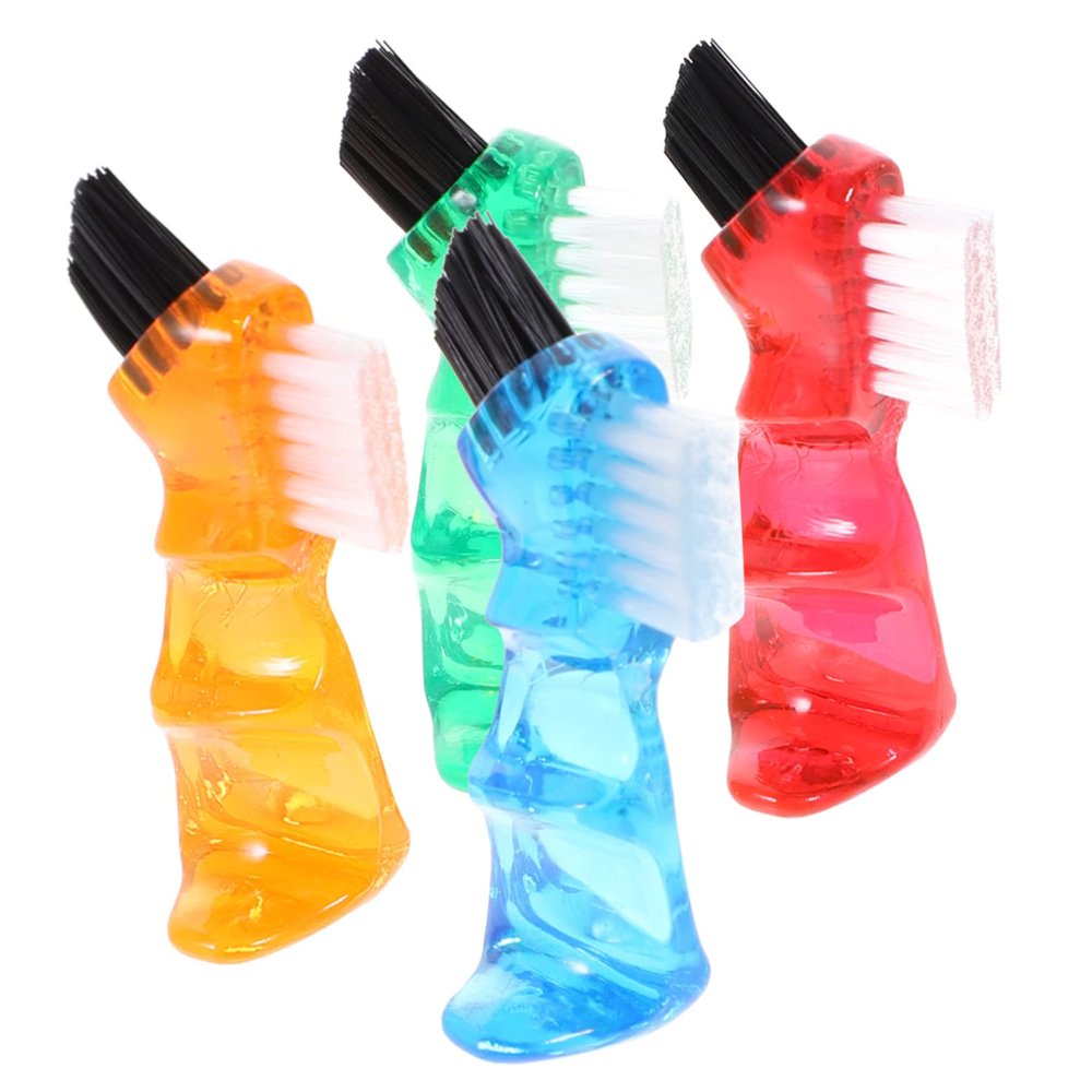 PartyKindom 4Pcs Portable Mini Cleaning Brush Double-Head Ergonomic Handle Oral Care Tools for Partial Dentures Blue Red Orange Green