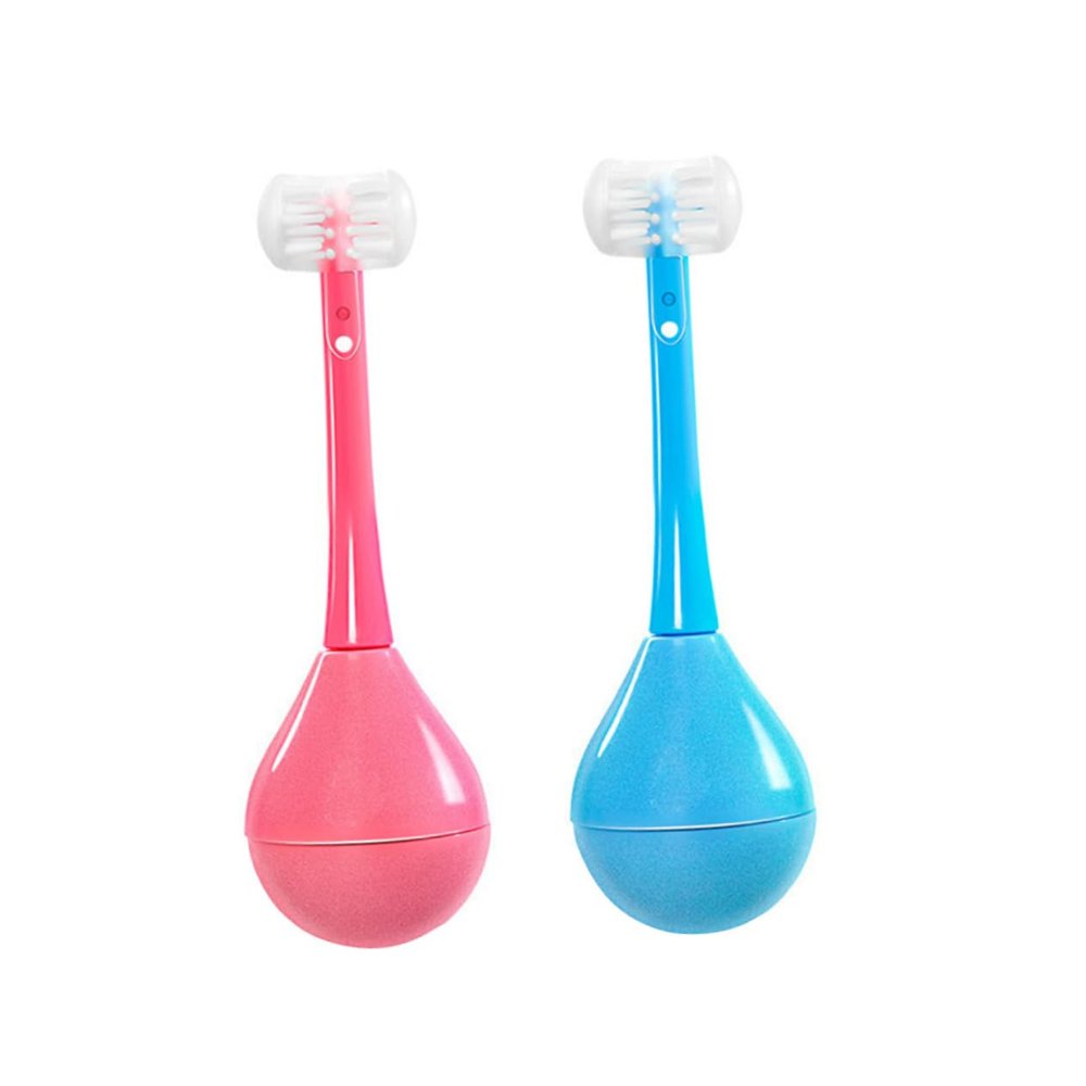 GLEAVI Childrens Manual Toothbrush Set 2pcs Soft Bristle 3-Sided Tumbler Design Portable Dental Care Tool for Kids Boys and Girls Ages 3-8, Cartoon Pink and Blue Tooth Cleaning Brush