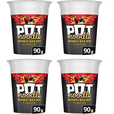Pack Of 4 - Noodle Bombay Bad Boy 90g - Vegetarian Quick To Make Noodles - Hot Curry Flavour Sauce With Vegetables Noodles - Just Boiling Water In And Wait - Quick and Easy Ready Meals and Snacks