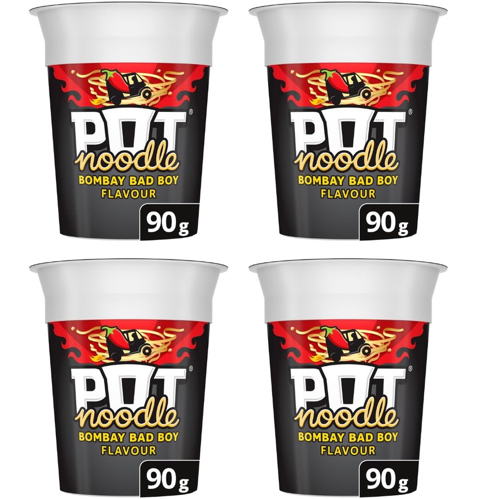 Pack Of 4 - Noodle Bombay Bad Boy 90g - Vegetarian Quick To Make Noodles - Hot Curry Flavour Sauce With Vegetables Noodles - Just Boiling Water In And Wait - Quick and Easy Ready Meals and Snacks