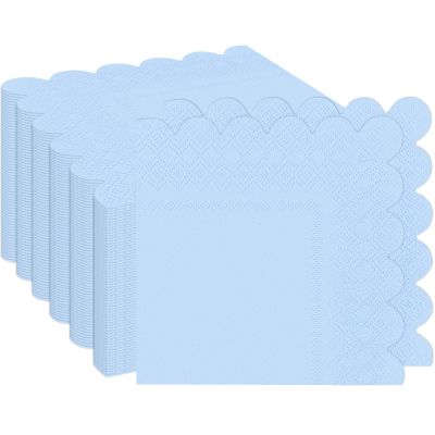 100 pcs 2-Ply Light Blue Napkins Folded 5 x 5 inch Scalloped Disposable Cocktail Napkins Paper Napkins for Dinner Wedding Party Beverage Napkins