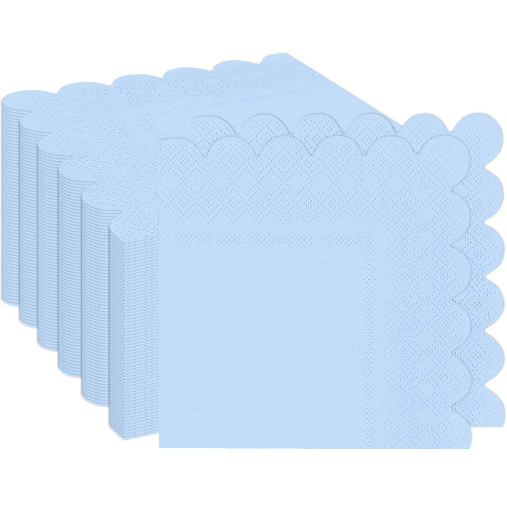 100 pcs 2-Ply Light Blue Napkins Folded 5 x 5 inch Scalloped Disposable Cocktail Napkins Paper Napkins for Dinner Wedding Party Beverage Napkins