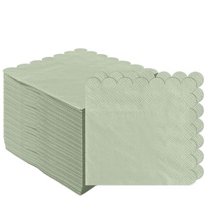 100 pcs 2-Ply Sage Green Napkins Folded 5 x 5 inch Scalloped Disposable Cocktail Napkins Paper Napkins for Dinner Wedding Party Beverage Napkins