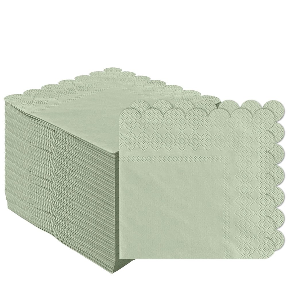 100 pcs 2-Ply Sage Green Napkins Folded 5 x 5 inch Scalloped Disposable Cocktail Napkins Paper Napkins for Dinner Wedding Party Beverage Napkins