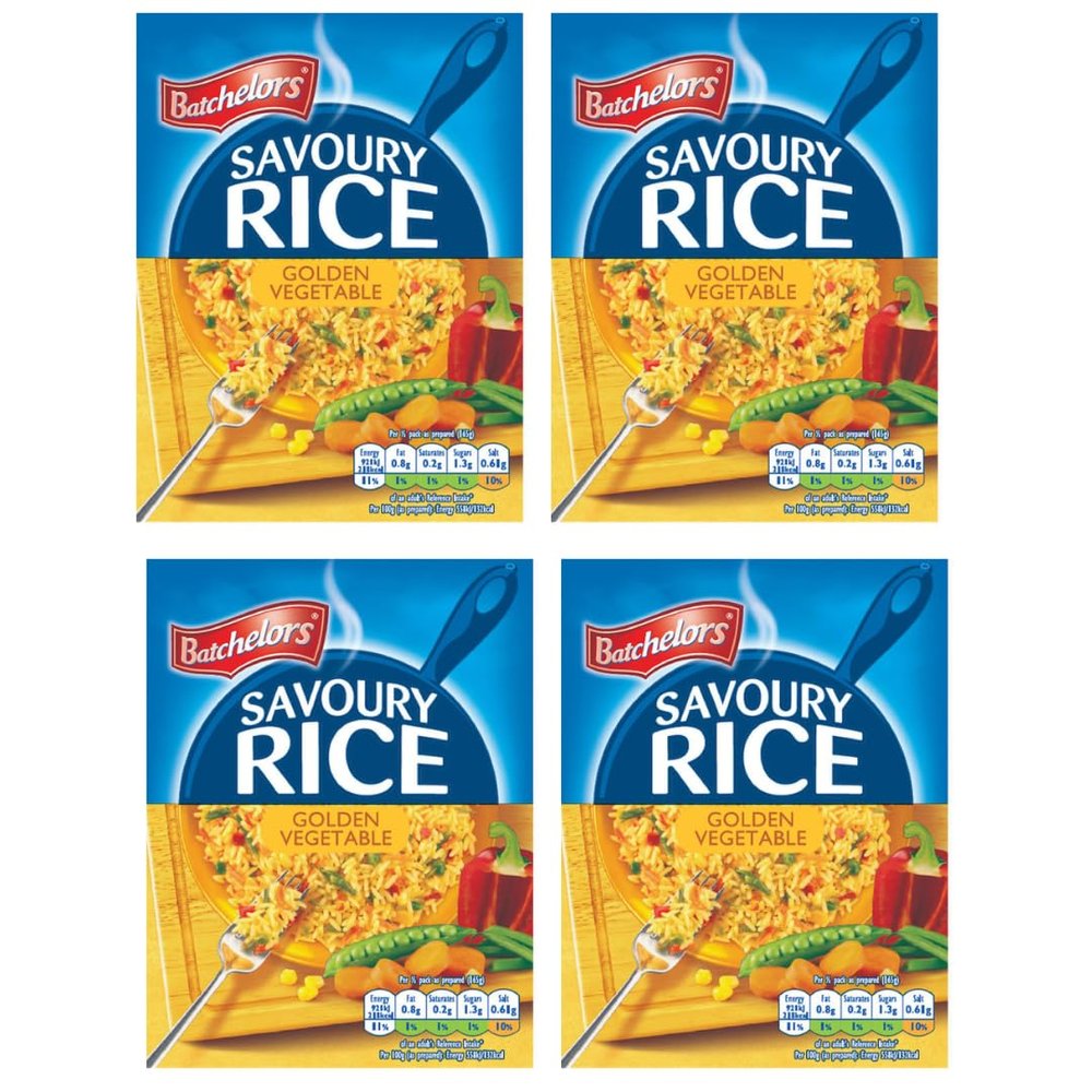 Pack Of 4 - Savoury Rice Golden 90g - Vegetarian Rice Quick To Make - Delicious Fluffy Rice With Peas Red Pepper Carrot Green Beans & Sweetcorn - Savoury Rice Ready In Minutes - Flavour To Your Meals