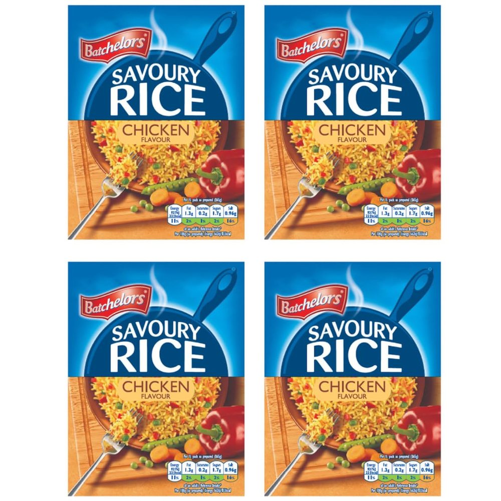 Pack Of 4 - Savoury Rice Chicken 90g - Vegetarian Rice Quick To Make - Delicious Fluffy Rice With Red Pepper Peas And Carrot - Savoury Rice Ready In Minutes - Easy Way To Add Flavour To Your Meals