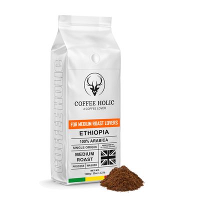 Coffee Holic - Ethiopian Ground Coffee - 1Kg - (Arabica) - Medium Roast - Rich Flavoured - Made From Ethiopian Coffee Beans