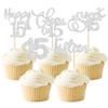 30 Pack Happy 15th Birthday Cupcake Toppers Silver Glitter Fifteen Cheers to 15 Years Old Birthday Cupcake Picks for Happy 15th Birthday Anniversary Party Cake Decorations