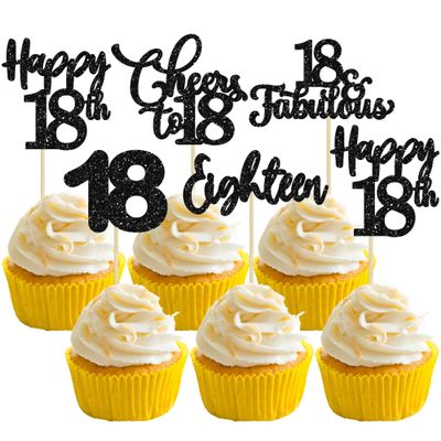 30 Pack Happy 18th Birthday Cupcake Toppers Black Glitter 18 Fabulous Cheers to 18 Years Old Birthday Cupcake Picks for Anniversary Party Cake Decorations
