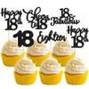 30 Pack Happy 18th Birthday Cupcake Toppers Black Glitter 18 Fabulous Cheers to 18 Years Old Birthday Cupcake Picks for Anniversary Party Cake Decorations view 1