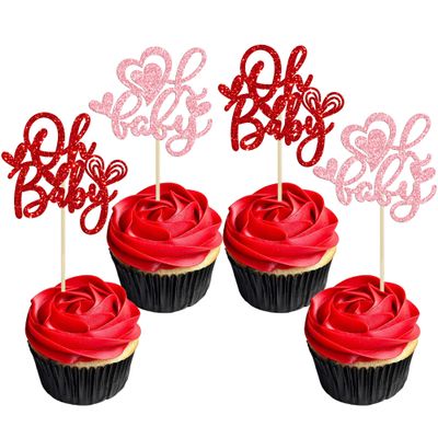 24Pcs Oh Baby Valentine's Day Cupcake Toppers Glitter Baby Feet Sweet Love Heart Oh Baby Cupcake Picks for Love Valentine's Day Theme Baby Shower Birthday Party Cake Decorations Supplies Multi